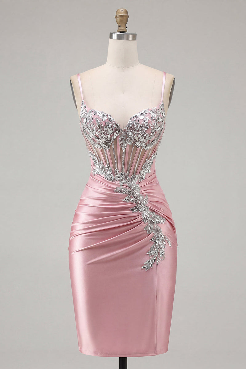 Load image into Gallery viewer, Sparkly Blush Tight Corset Short Spaghetti Straps Prom Dress with Beading