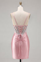 Load image into Gallery viewer, Sparkly Blush Tight Corset Short Spaghetti Straps Prom Dress with Beading