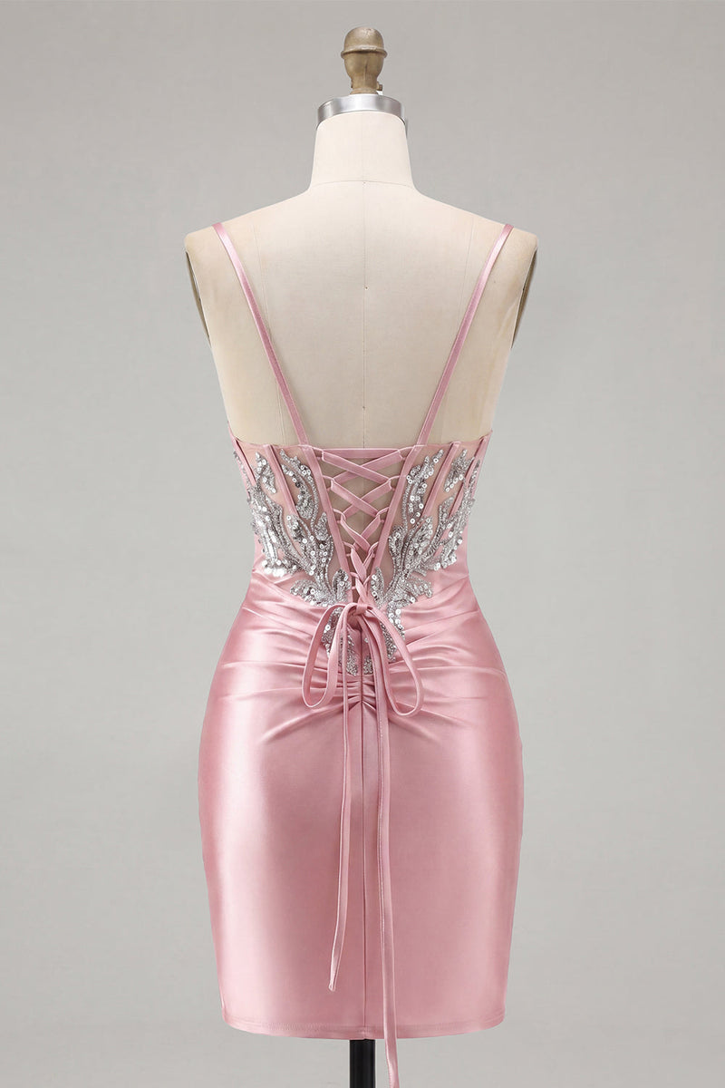 Load image into Gallery viewer, Sparkly Blush Tight Corset Short Spaghetti Straps Prom Dress with Beading