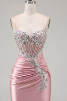 Load image into Gallery viewer, Sparkly Blush Tight Corset Short Spaghetti Straps Prom Dress with Beading