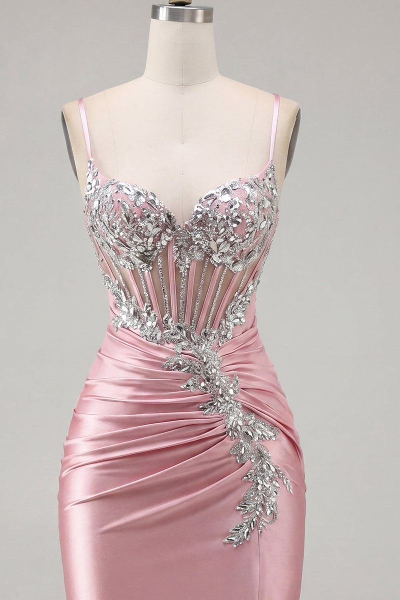 Load image into Gallery viewer, Sparkly Blush Tight Corset Short Spaghetti Straps Prom Dress with Beading