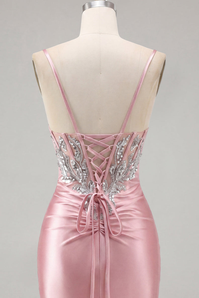 Load image into Gallery viewer, Sparkly Blush Tight Corset Short Spaghetti Straps Prom Dress with Beading