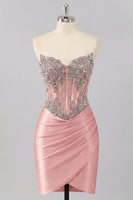 Load image into Gallery viewer, Sparkly Blush Tight Ruched Short Corset Beaded Basque Waist Prom Dress