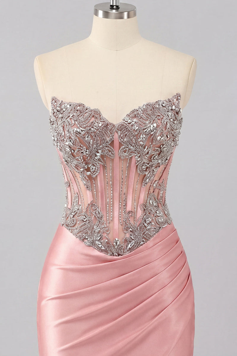 Load image into Gallery viewer, Sparkly Blush Tight Ruched Short Corset Beaded Basque Waist Prom Dress