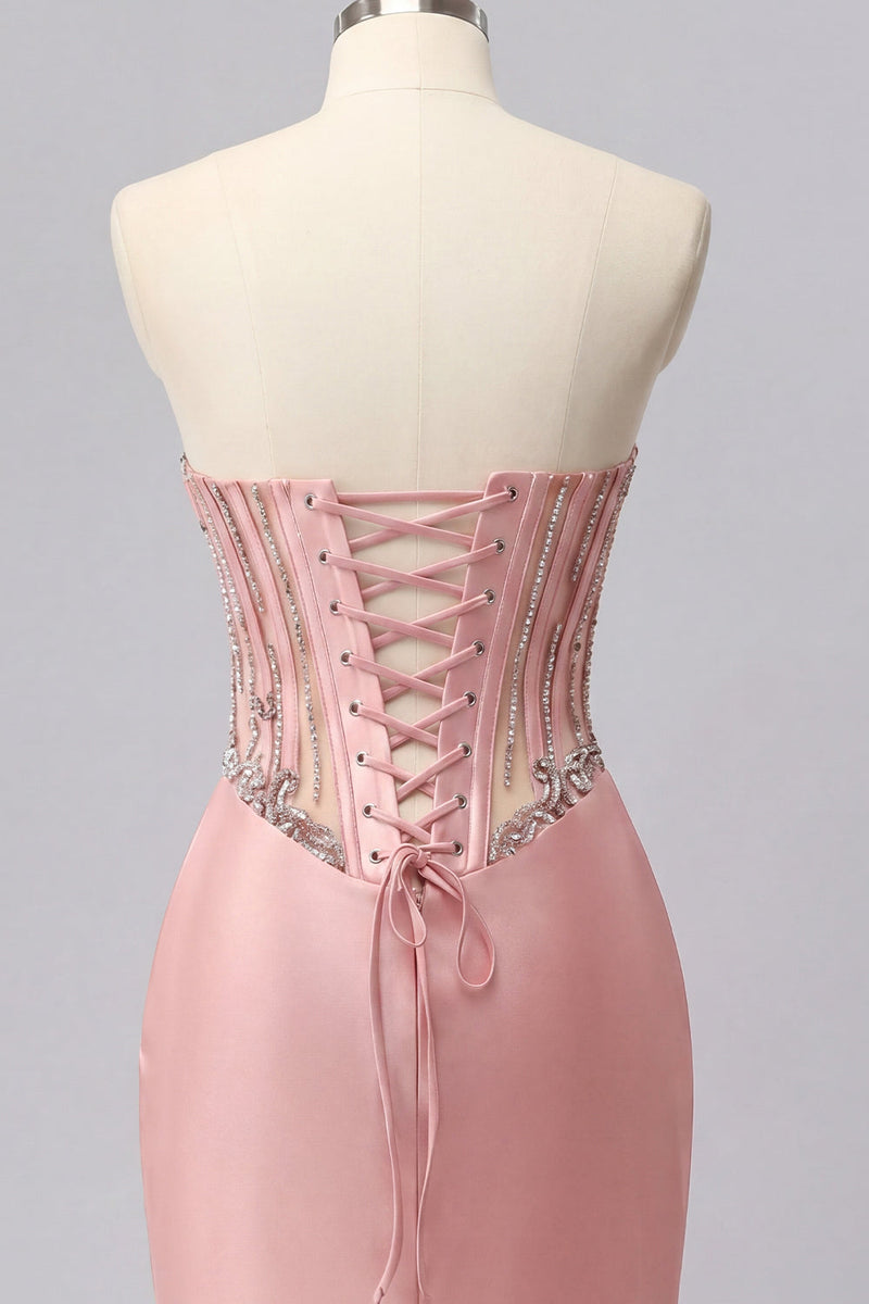 Load image into Gallery viewer, Sparkly Blush Tight Ruched Short Corset Beaded Basque Waist Prom Dress
