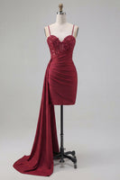 Load image into Gallery viewer, Sparkly Burgundy Tight Beaded Short Ruched Prom Dress with Side Cape