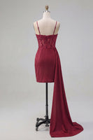 Load image into Gallery viewer, Sparkly Burgundy Tight Beaded Short Ruched Prom Dress with Side Cape