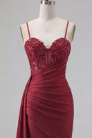 Load image into Gallery viewer, Sparkly Burgundy Tight Beaded Short Ruched Prom Dress with Side Cape