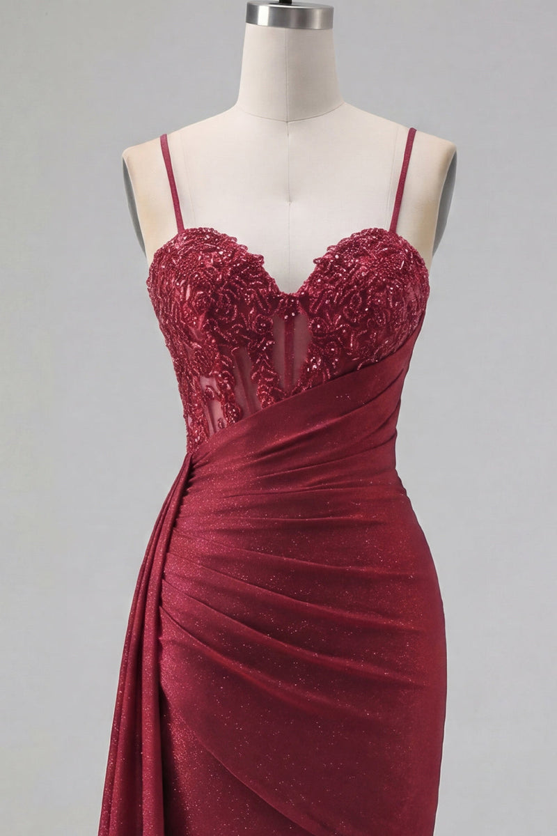 Load image into Gallery viewer, Sparkly Burgundy Tight Beaded Short Ruched Prom Dress with Side Cape