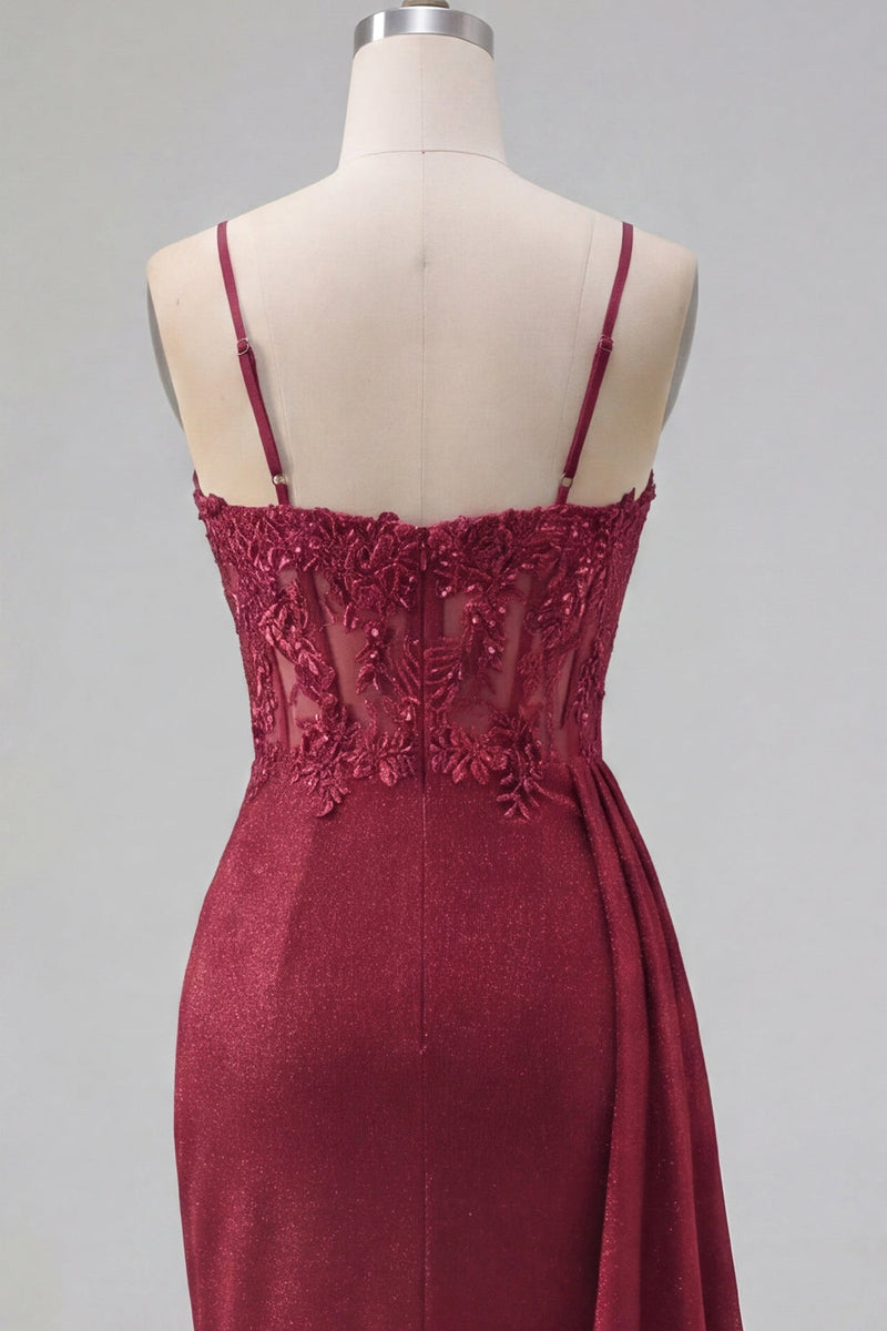 Load image into Gallery viewer, Sparkly Burgundy Tight Beaded Short Ruched Prom Dress with Side Cape