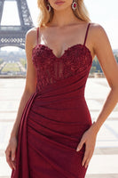 Load image into Gallery viewer, Sparkly Burgundy Tight Beaded Short Ruched Prom Dress with Side Cape