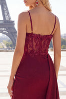 Load image into Gallery viewer, Sparkly Burgundy Tight Beaded Short Ruched Prom Dress with Side Cape