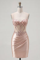 Load image into Gallery viewer, Sparkly Champagne Tight Short Corset Ruched Beaded Prom Dress