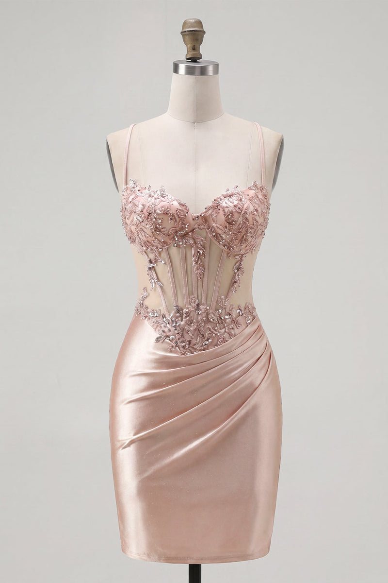 Load image into Gallery viewer, Sparkly Champagne Tight Short Corset Ruched Beaded Prom Dress