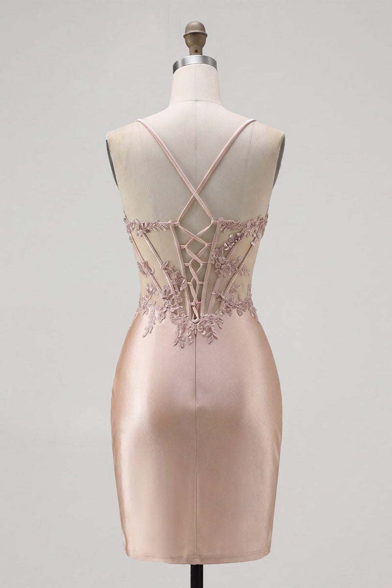 Load image into Gallery viewer, Sparkly Champagne Tight Short Corset Ruched Beaded Prom Dress