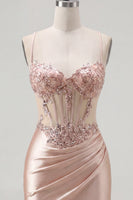 Load image into Gallery viewer, Sparkly Champagne Tight Short Corset Ruched Beaded Prom Dress