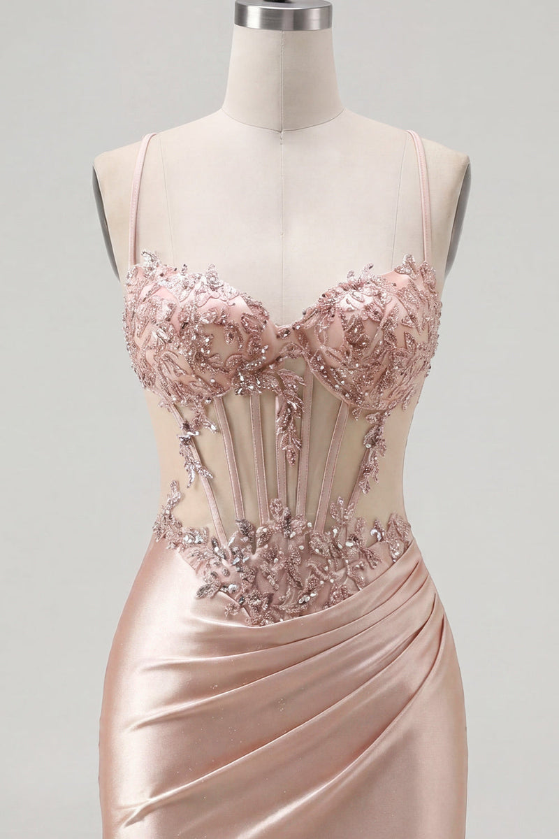 Load image into Gallery viewer, Sparkly Champagne Tight Short Corset Ruched Beaded Prom Dress