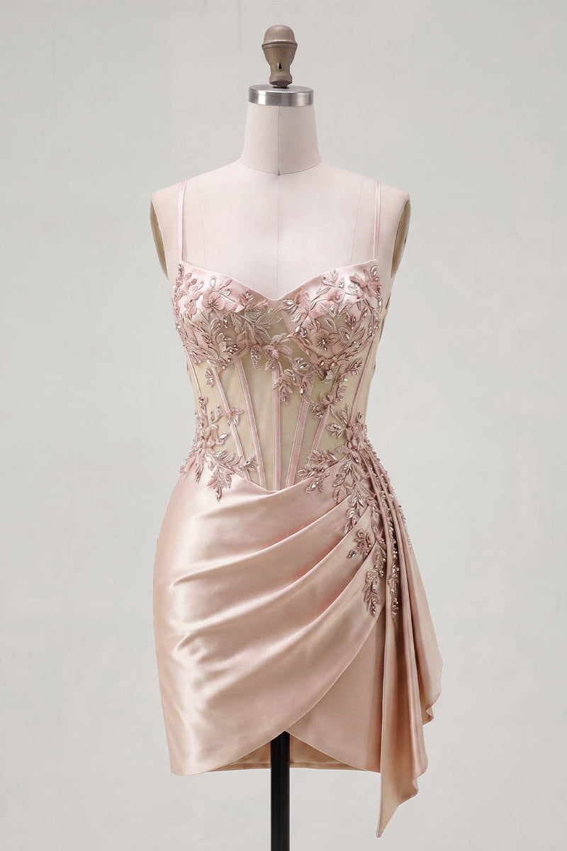 Load image into Gallery viewer, Floral Sparkly Champagne Tight Short Beaded Corset Prom Dress with Side Cape
