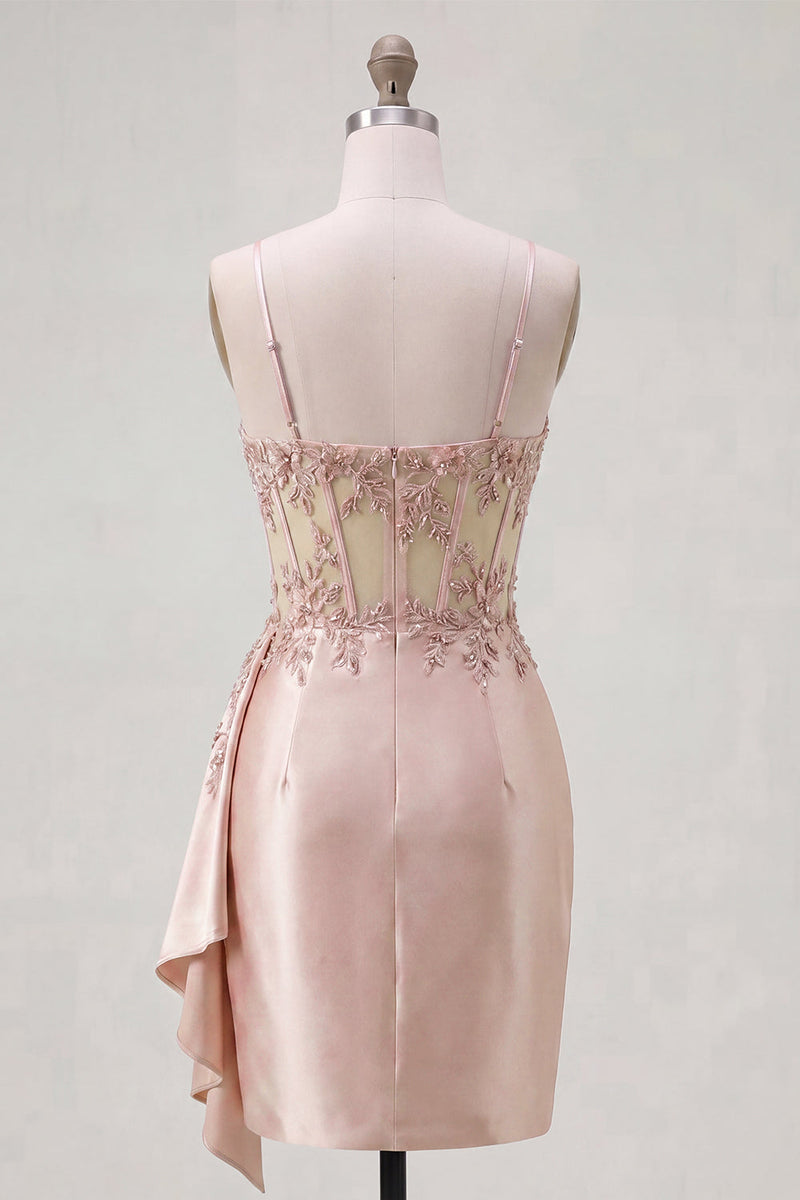 Load image into Gallery viewer, Floral Sparkly Champagne Tight Short Beaded Corset Prom Dress with Side Cape