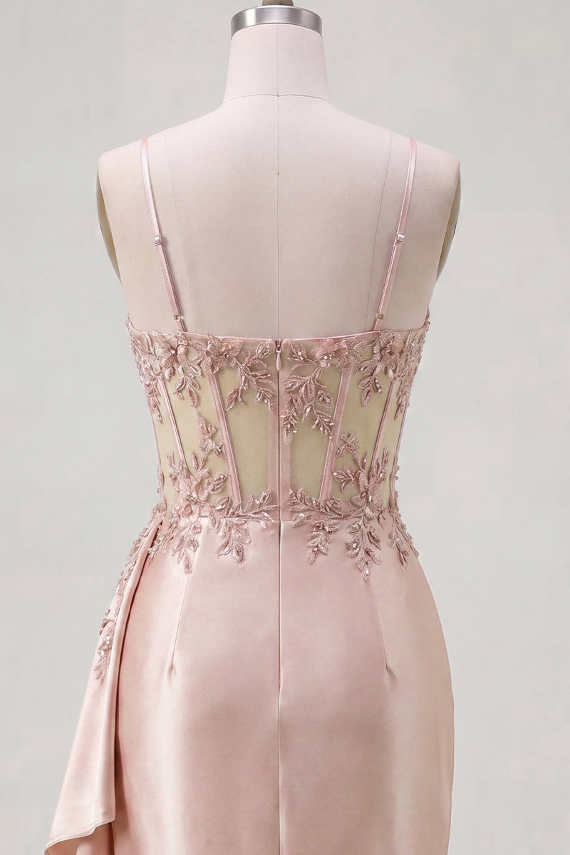 Load image into Gallery viewer, Floral Sparkly Champagne Tight Short Beaded Corset Prom Dress with Side Cape