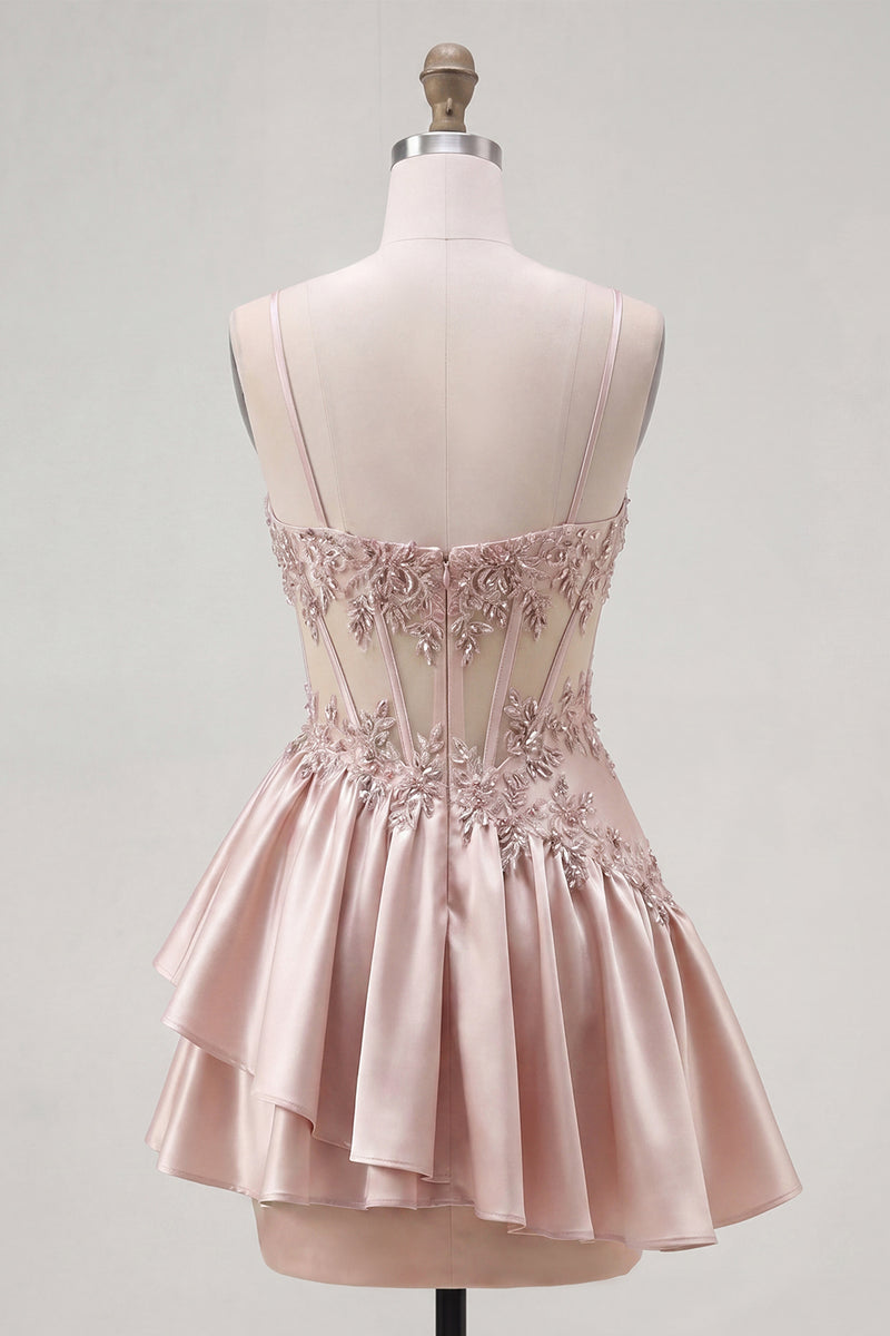 Load image into Gallery viewer, Sparkly Champagne A Line Corset Short Beaded Prom Dress with Ruffles