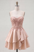 Load image into Gallery viewer, A Line Short Corset Sparkly Beaded Champagne Prom Dress with Ruffles