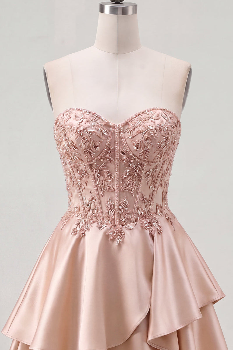 Load image into Gallery viewer, A Line Short Corset Sparkly Beaded Champagne Prom Dress with Ruffles