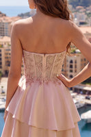 Load image into Gallery viewer, A Line Short Corset Sparkly Beaded Champagne Prom Dress with Ruffles