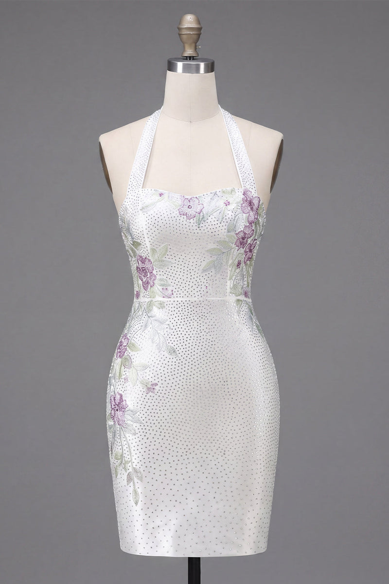 Load image into Gallery viewer, Sparkly White Beaded Tight Short Floral Halter Prom Dress