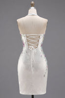 Load image into Gallery viewer, Sparkly White Beaded Tight Short Floral Halter Prom Dress