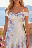 Load image into Gallery viewer, A Line Sparkly Cold Shoulder White Short Beaded Floral Prom Dress