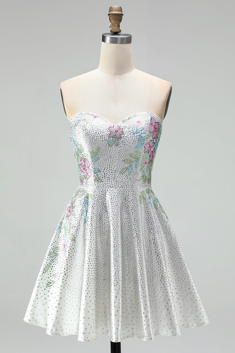 Load image into Gallery viewer, A Line Sparkly White Beaded Floral Short Prom Dress