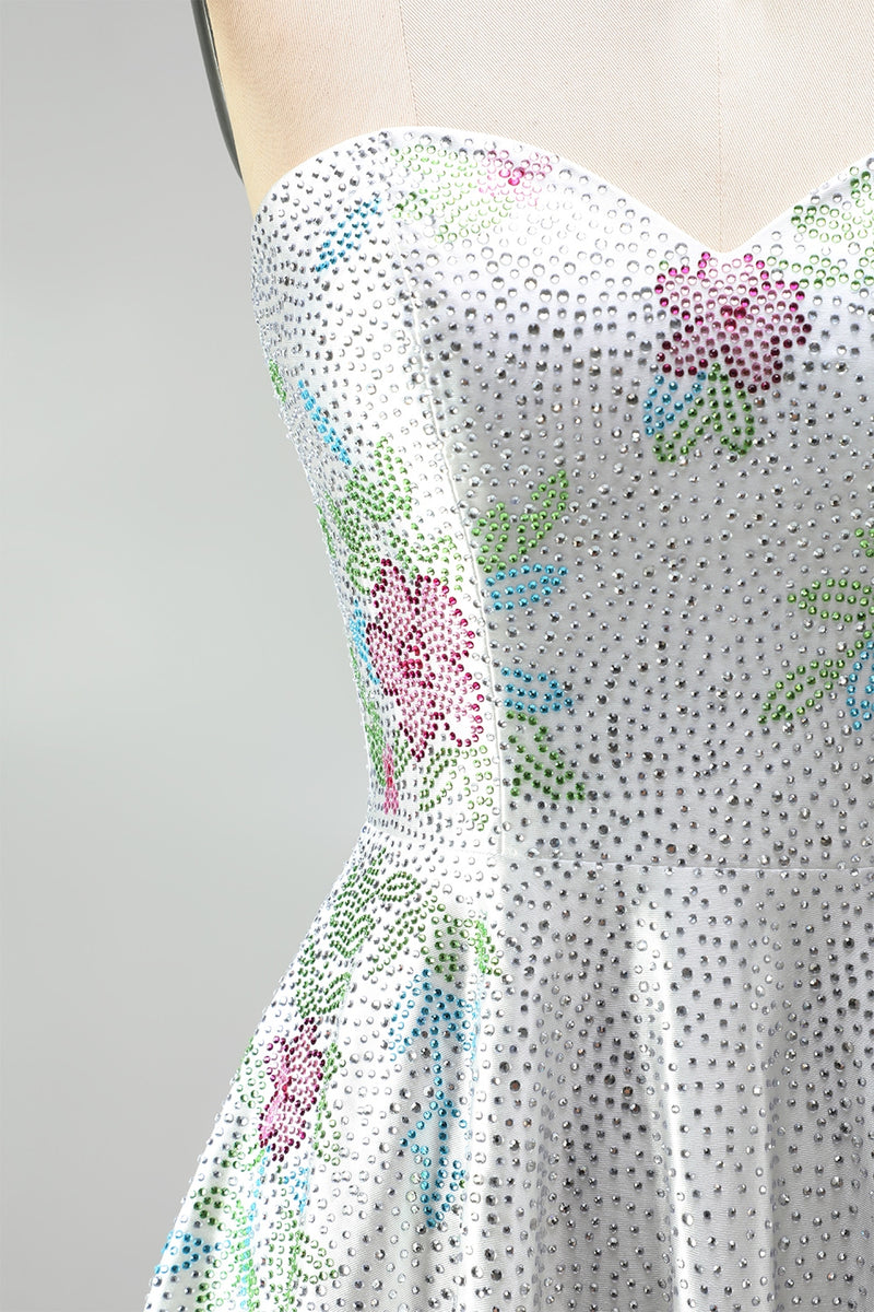 Load image into Gallery viewer, A Line Sparkly White Beaded Floral Short Prom Dress