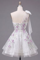 Load image into Gallery viewer, A Line Sparkly White Beaded Floral Short Prom Dress with Bow