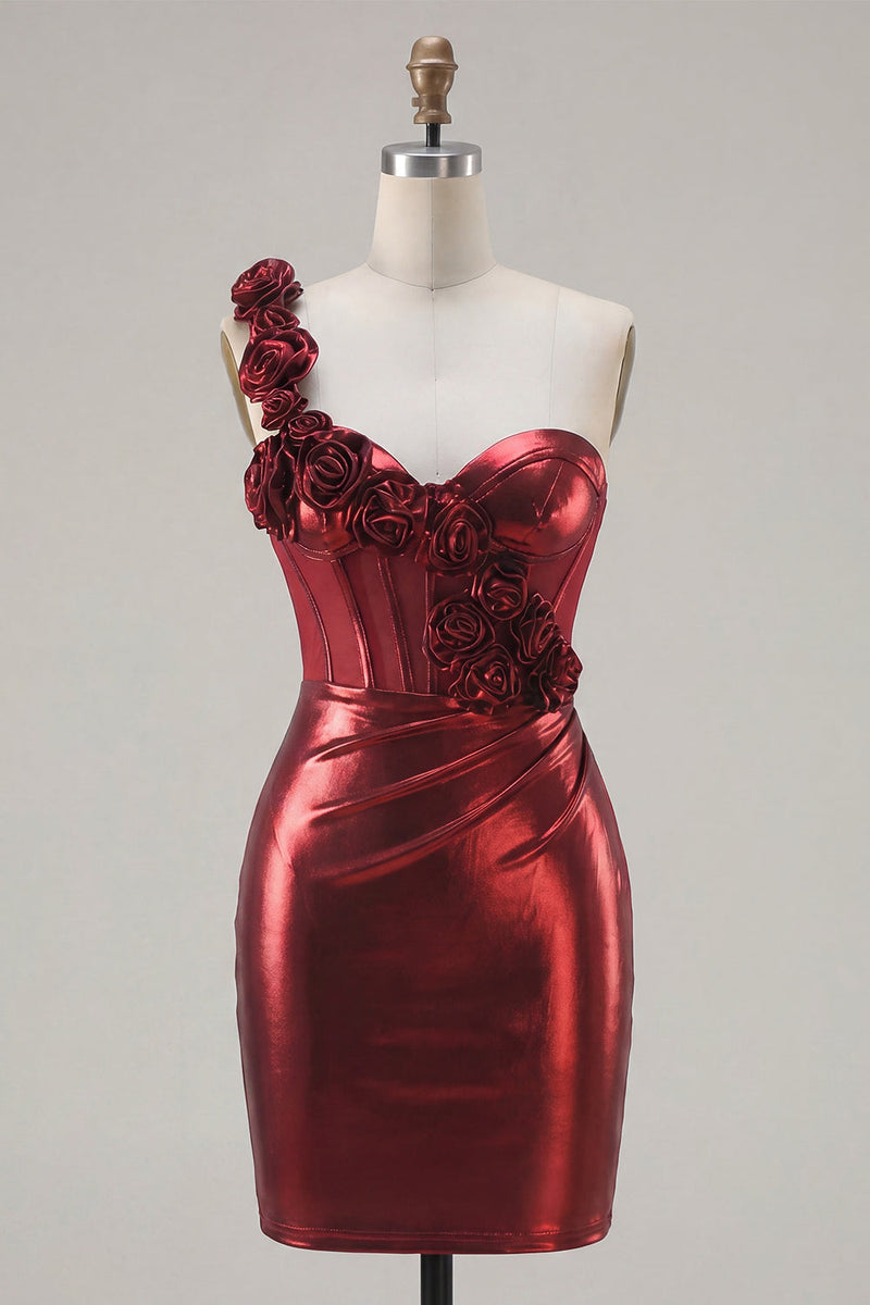 Load image into Gallery viewer, Burgundy Tight Short Ruched Corset Prom Dress with 3D Flowers