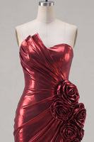 Load image into Gallery viewer, Glitter Burgundy Tight Short Metallic Ruched Prom Dress with 3D Flowers