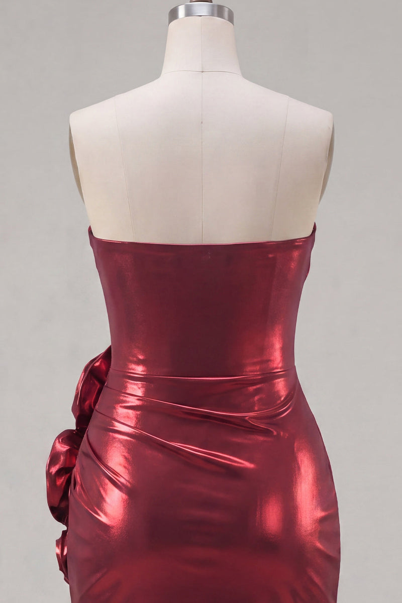 Load image into Gallery viewer, Glitter Burgundy Tight Short Metallic Ruched Prom Dress with 3D Flowers