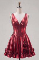 Load image into Gallery viewer, A Line Burgundy Short V-Neck Metallic Corset Prom Dress with 3D Flowers