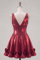 Load image into Gallery viewer, A Line Burgundy Short V-Neck Metallic Corset Prom Dress with 3D Flowers
