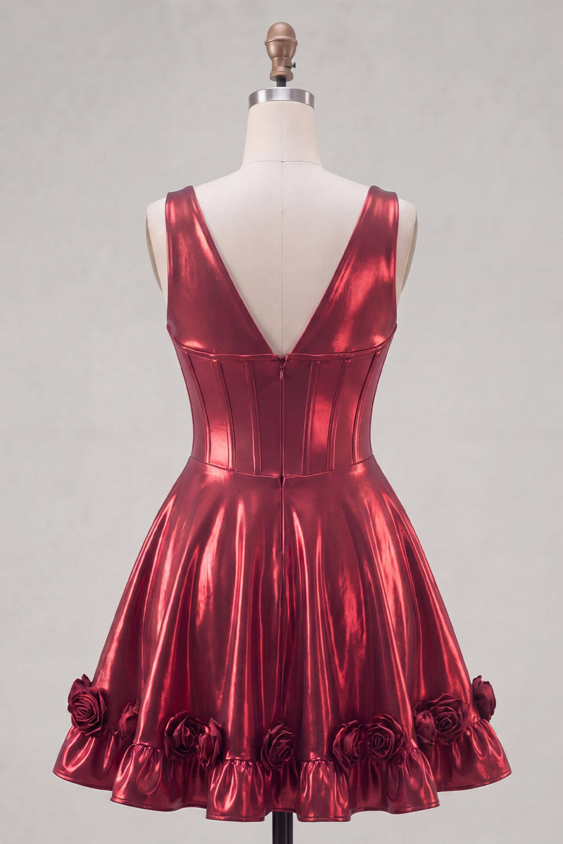 Load image into Gallery viewer, A Line Burgundy Short V-Neck Metallic Corset Prom Dress with 3D Flowers
