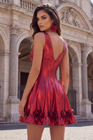 Load image into Gallery viewer, A Line Burgundy Short V-Neck Metallic Corset Prom Dress with 3D Flowers