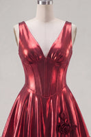 Load image into Gallery viewer, A Line Burgundy Short V-Neck Metallic Corset Prom Dress with 3D Flowers