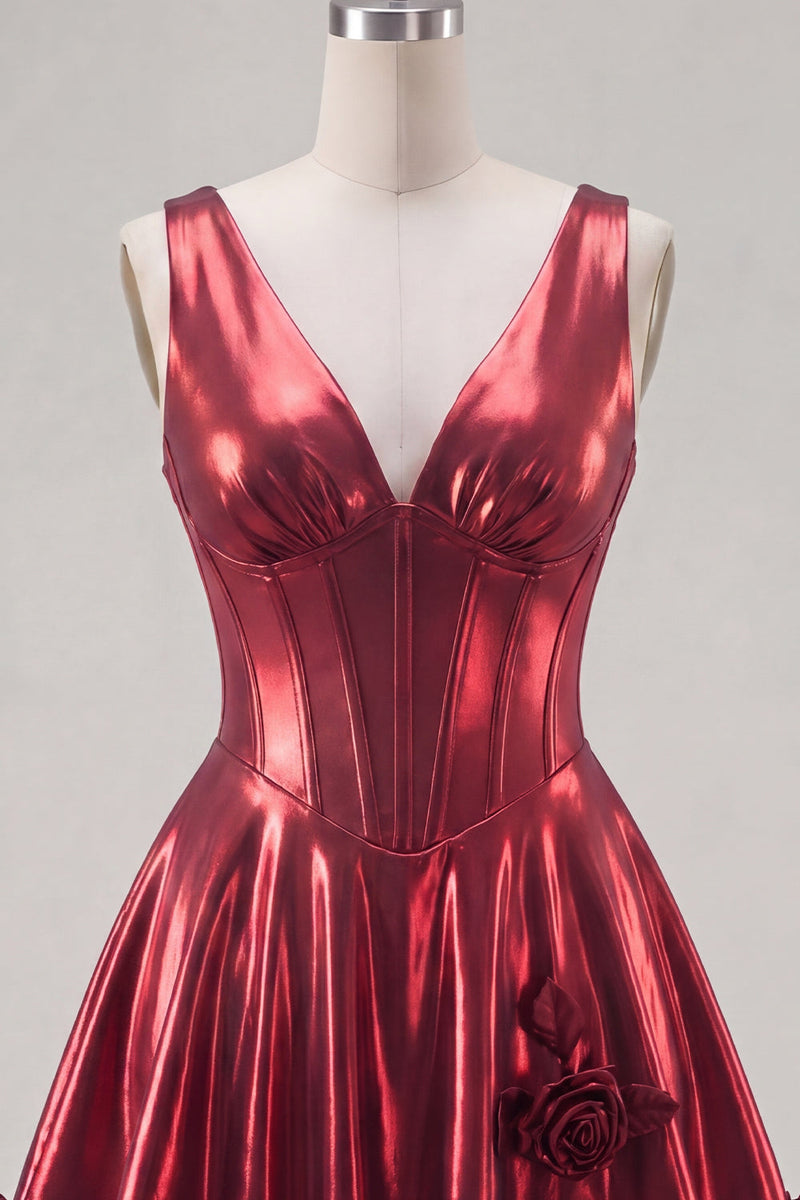 Load image into Gallery viewer, A Line Burgundy Short V-Neck Metallic Corset Prom Dress with 3D Flowers
