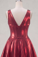 Load image into Gallery viewer, A Line Burgundy Short V-Neck Metallic Corset Prom Dress with 3D Flowers