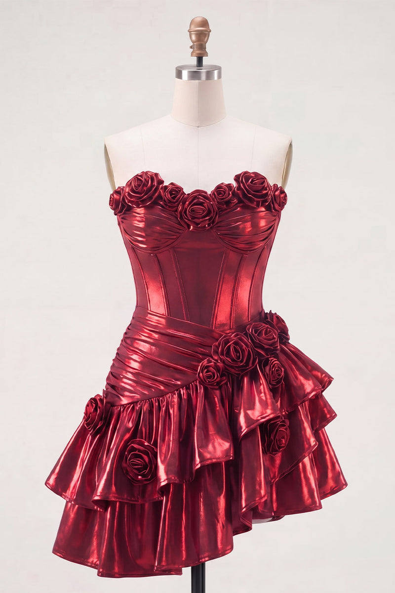 Load image into Gallery viewer, Glitter Ruffled A Line Burgundy Short Metallic Corset Prom Dress with 3D Flowers