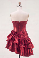 Load image into Gallery viewer, Glitter Ruffled A Line Burgundy Short Metallic Corset Prom Dress with 3D Flowers