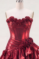 Load image into Gallery viewer, Glitter Ruffled A Line Burgundy Short Metallic Corset Prom Dress with 3D Flowers