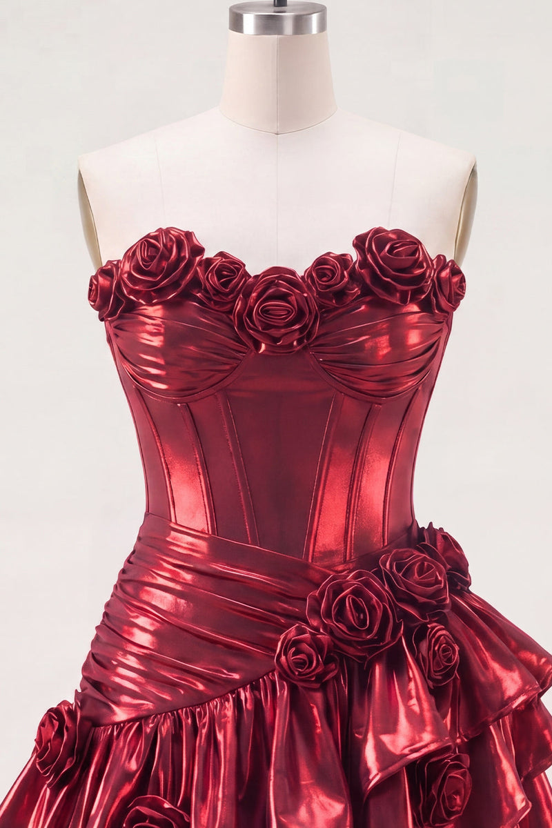 Load image into Gallery viewer, Glitter Ruffled A Line Burgundy Short Metallic Corset Prom Dress with 3D Flowers