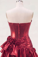 Load image into Gallery viewer, Glitter Ruffled A Line Burgundy Short Metallic Corset Prom Dress with 3D Flowers