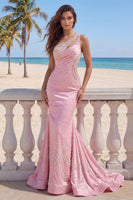Load image into Gallery viewer, Pink Mermaid Cut Out One Shoulder Ruched Long Prom Dress with Pearls